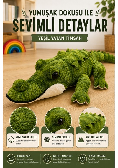 80 Cm Peluş Timsah Yumuşak Oyuncak Uyku Arkadaşı Sevimli Peluş Timsah Yeşil