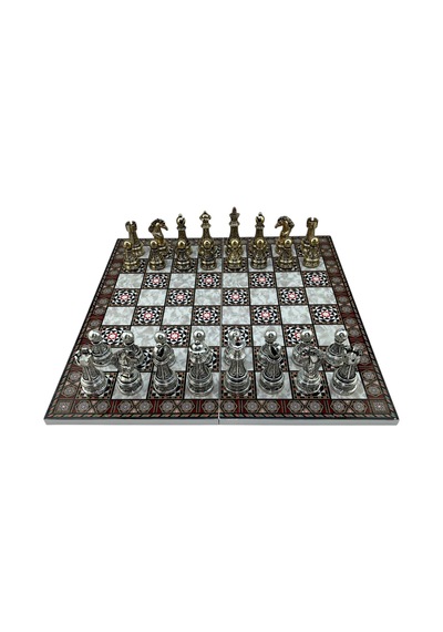 Gifthome Premium Battal Boy Metal İşlemeli Klasik Satranç Takımı Ve Katlanır Sedef Desenli Mdf Satranç Tahtası 43x43 Cm.