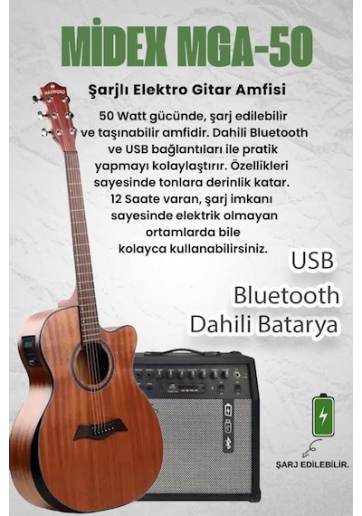 Maxword M450-EQ-50AMP Masif Ağaç 50W Amfili Elektro Akustik Gitar Seti üst Segment