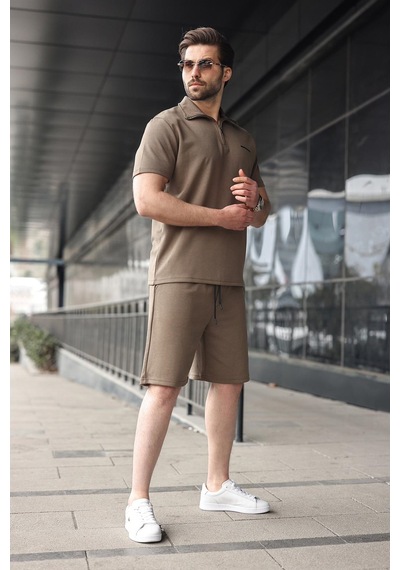 Madmext Haki Yarım Fermuarlı Polo Yaka T-shirt Şort Takım E7348 Haki
