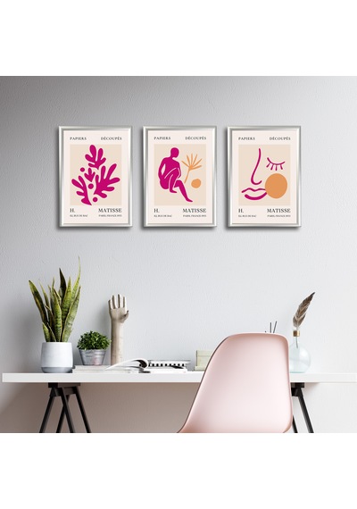Henri Matisse 3'lü Alüminyum Çerçeveli Poster Seti - Önden Açılır A3 Açılır Kapanır Çerçeve Seti Fuşya Pembe Soyut Figürler, Gümüş