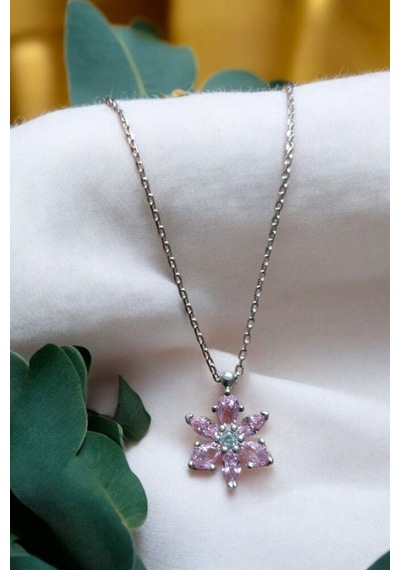 Modagümüşevi 925 Ayar Gümüş Pembe Taşlı Lotus Kolye, Gümüş Kadın Kolye, Lotus Çiçeği Kolye