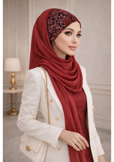 Aişe Tesettür Bordo Siyah Hazır Abiye Şal 60400
