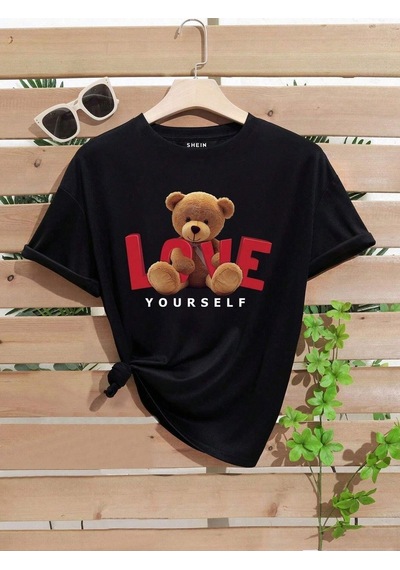 Flood Of Style Unisex Siyah Love Ayı Baskılı Oversize
