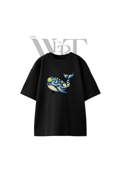 Thewert Whale Starry Night Tasarım Baskılı Ünisex Siyah Oversize T-shirt