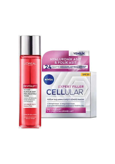 Nivea Cellular Expert Filler Gündüz Bakım Kremi SPF30 50 ML + L'Oreal Paris Glikolik Asit Peeling Etkili Tonik 180 ML