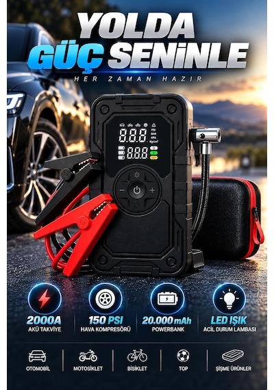 Tr Akü Takviye Cihazı 20000 Mah 2000a Tepe Akımlı, 150 Psı Dijital Hava Kompresörlü Powerbank, Led Işıklı 4'ü