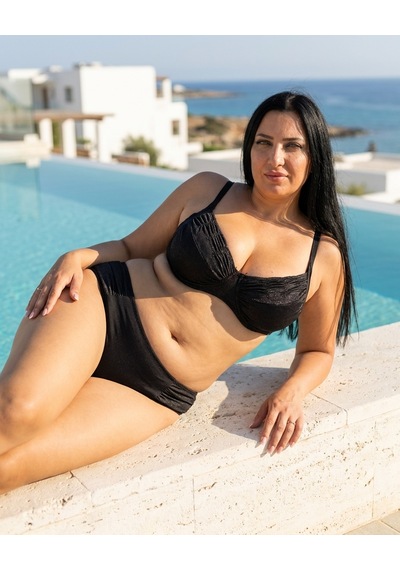 Büyük Beden Balenli Toparlayıcı Simli Ayarlanabilir Askılı Kadın Bikini Takımı Siyah