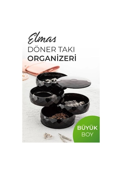Elmas 4 Katlı Dönebilen Silindir Takı Organizeri Siyah Siyah