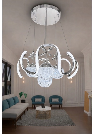 Arya Xl Kristal Cam 4 Top Modern Sarkıt Led Avize Krom