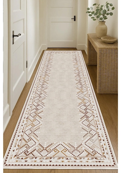 Dijital Baskılı Dekoratif Kaymaz Taban Yıkanabilir Kilim Yolluk Antre Hol Halısı Salon Halısı Krem