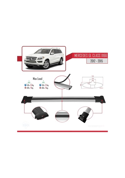 Mercedes Gl Class X166 2012-2015 Arası İle Uyumlu Fly Model Ara Atkı Tavan Barı Gri