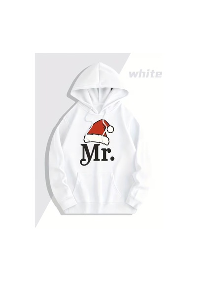 Nevermind Mr Mrs Çift Hoodie Noel Şapkalı Sevgili Kombin Kapüşonlu Sweatsh Beyaz