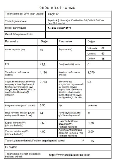 Arçelik AB 252 Tam Ankastre Bulaşık Makinesi