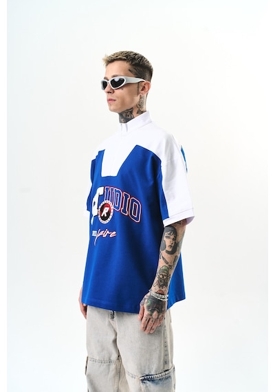 Respire Erkek Studio Nakışlı Yarım Fermuarlı Oversize T-shirt Saks