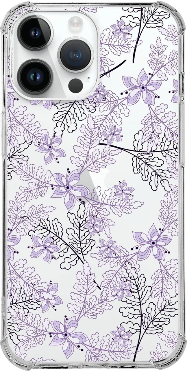 Apple Uyumlu iPhone 14 Pro Max Köşe Korumalı Antişok Kapak Floral Lila Tasarımlı Şeffaf Kılıf