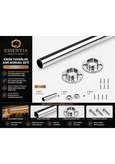 Krom Yuvarlak Askı Borusu Flanşlı Set 65 Cm Paslanmaz Metal Gardırop Ve Dolap İçi Askılık Sistemi Çoklu Renk