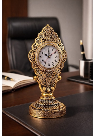 Nostaljik Vintage Taş İşlemeli Kabartmalı Lüks Altın Renk Dekoratif Salon Ve Ofis Masa Saati 29 Cm Gold