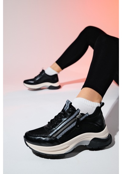 Luvishoes Oude Siyah Kadın Fermuarlı Kalın Taban Spor Sneakers Siyah