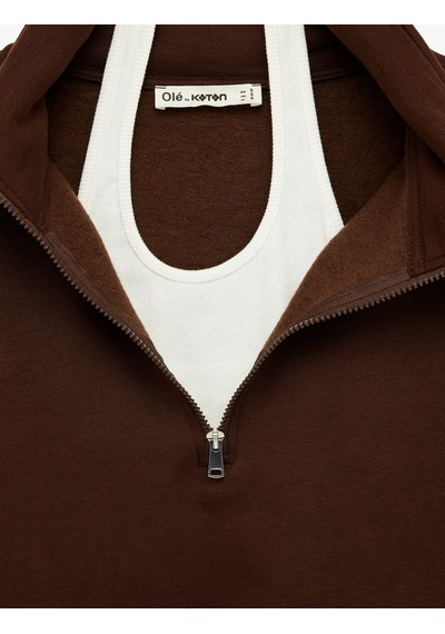 Koton Modal Karışımlı Atlet Detaylı Yarım Fermuarlı Uzun Kollu Sweatshirt Kahverengi 6sal10337ık Kahve