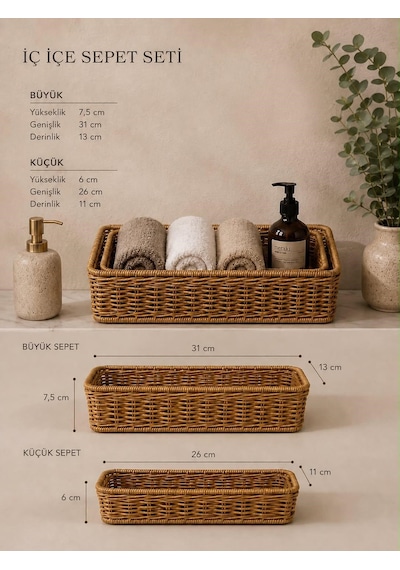 Morponi 2'li Dikdörtgen Hasır Rattan Organizer Sepet Shr343 Sarı