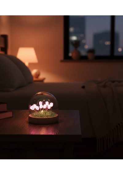 Ev Dekorasyon Dekoratif Lale Çiçek Gece Lambası Led Işıklı Kristal Taşlı Yeşil