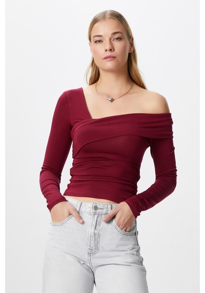 Ritnice Kadın Fuse Omuz Katlamalı Bordo Bluz Bordo