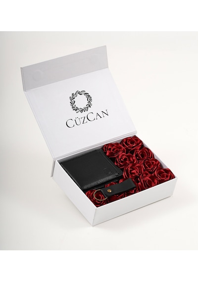 Premium Gift Rose Box - M.utd Siyah Hakiki Deri Cüzdan - Kartlık - Anahtarlık Ve Kırmızı Gül Kutusu Kırmızı