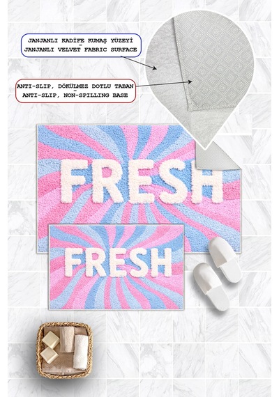 Fresh Yazılı Dijital Baskılı Yıkanabilir 2li Banyo Paspası 50x60-60x100 Pembe