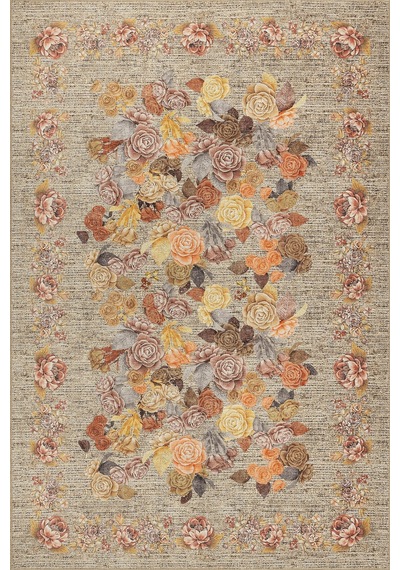 Artloop Florart Bej / Sarı Vintage Dokulu Çiçek Desenli Dokuma Tabanlı Şönil Halı Al 471 Bej - Sarı