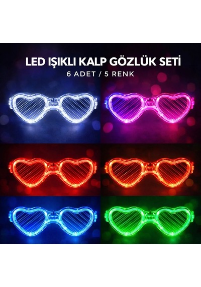 Ers- Led Işıklı Kalp Glow Pilli Parti Gözlüğü 6 Adet / 5 Renk Set Çok Renkli