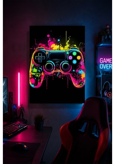 Neon Oyun Kumandası Metal Duvar Tablosu Gamer Oda Dekoru Modern Tasarım 30x40 Cm A3 Boyutunda