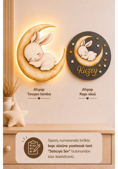 Ahşap Aylı Tavşanlı İsme Özel Pilli Ledli Gece Lambası Ve Ahşap Kapı Süsü Seti Bebek Çocuk Odası Gri