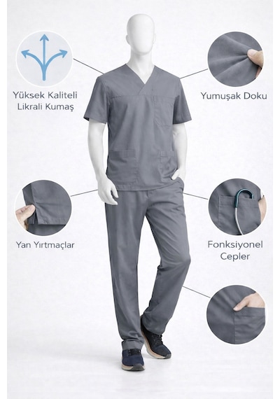 Likralı Hemşire Doktor Forması Premium Belinda Soft Kumaş Scrubs Hastane Üniforması Cerrahi Takım Gri