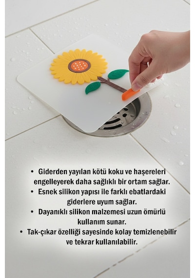 Ayçiçeği Kare Silikon Kötü Koku Önleyici Gider Kapağı Banyo, Mutfak, Balkon Lavabo Tıpası 14,5x14,5 Cm