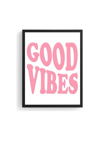 Doğal Ahşap Çerçeveli Retro Tablo - Good Vibes Pembe Yazı Tasarım Huhu2362