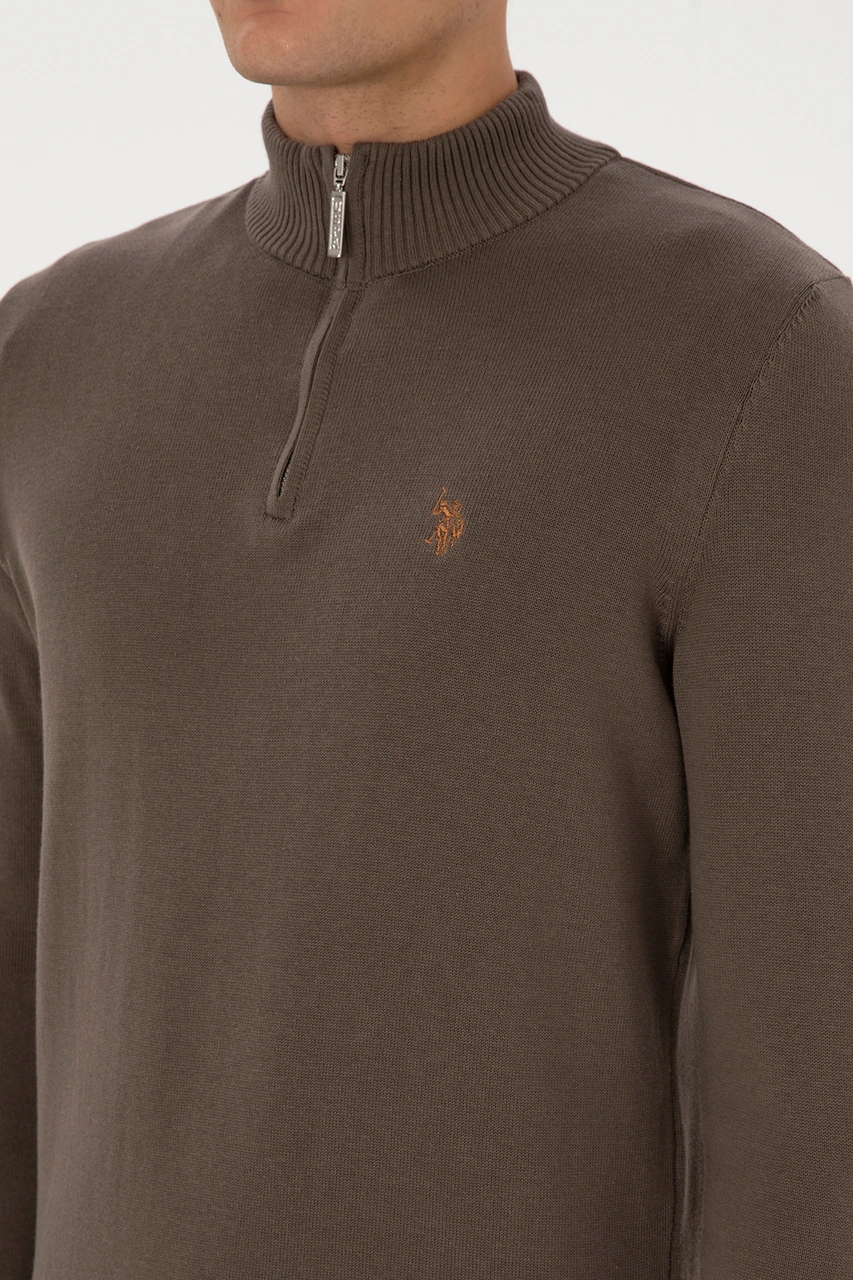 U.S. Polo Assn. Erkek Slim Fit Yarım Fermuarlı Vizon Basic Kazak 50313695-VR052
