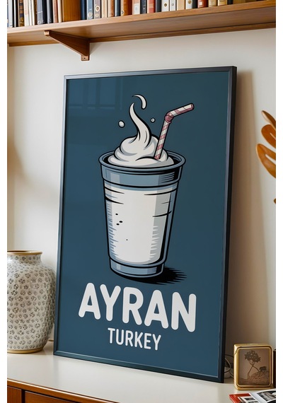 Ayran Tablo - Retro İçecek İllüstrasyon Poster - Türkiye Mutfak Kültürü Serisi - Çerçeve Duvar Dekor Siyah