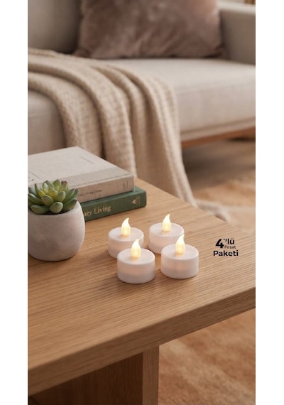4'lü Pilli Led Tealight Mum Seti - Sıcak Sarı Işık - Piller Dahildir - Dekoratif Yalancı Mum