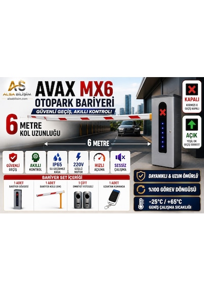 Als Avax Mx6 6 Metre Kollu Otomatik Otopark Bariyeri Led Göstergeli, Fotoselli, Uzaktan Kumandalı