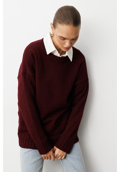 Mizalle Yuvarlak Yaka Oversize Bordo Triko Kazak Bordo