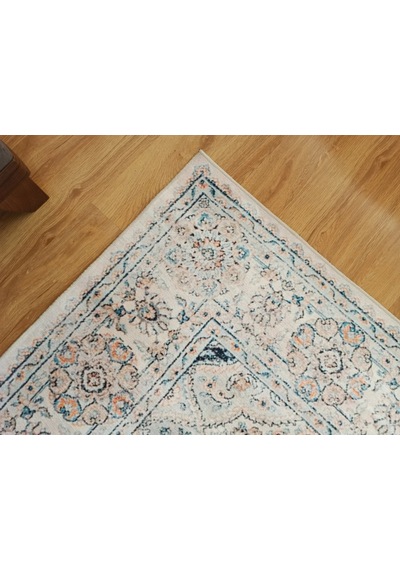 Eskitme Madalyon Desenli Krem Ve Mavi Vintage Salon Halısı - 11643ou Krem - Mavi