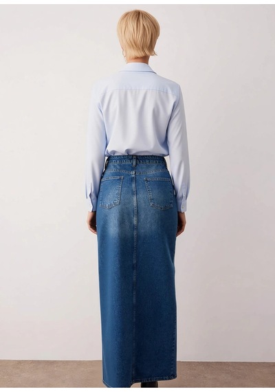 Benerly Kadın Denim Kalem Maxi Etek Yırtmaçlı Fonksiyonel Dayanıklı Kalit Mavi