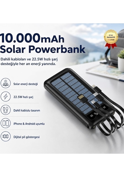 10.000mah Solar Powerbank Dahili Kablolu 22.5w Hızlı Şarj İphone Android Uyumlu Taşınabilir Şarj Cihazı-1682 BEYAZ