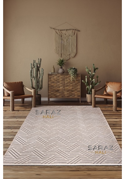 Ada Kilim Modern Salon Mutfak Koridor Kesme Yolluk Dokuma Makine Halısı Zigzag Krem Vizon