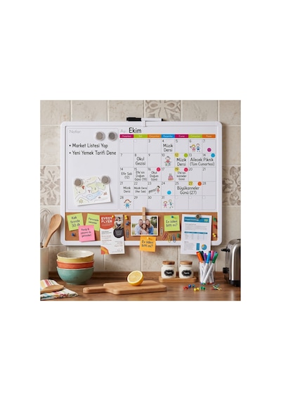 3'ü 1 Arada Manyetik Takvimli Mantar Pano Ve Yazı Tahtası 43x58.5 Cm + Kalem, Magnet, Sticker Seti Beyaz
