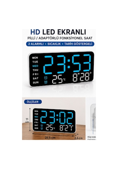 Hd Led Ekranlı Pilli Adaptörlü 2 Alarmlı Sıcaklık Tarih Göstergeli Mavi Beyaz Duvar Masa Saati Fonksiyonel Saat