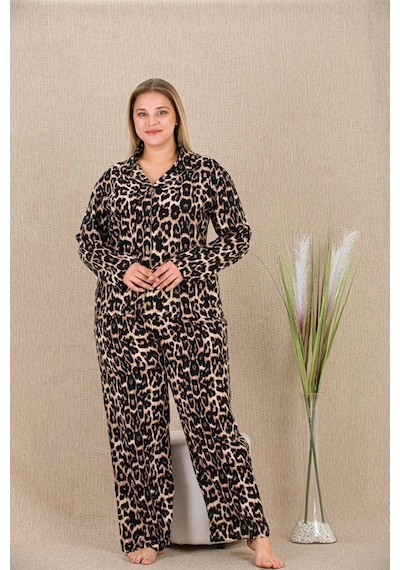 Büyük Beden Leopar Desenli Düğmeli Uzun Kol Viskon Pijama Takımı
