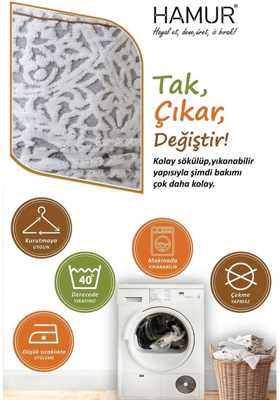 Yıkanabilir Puf Tabure Kılıfı Tak-Çıkar-Değiştir-Yenile Orta Sehpa Kılıfı By Motif Gri