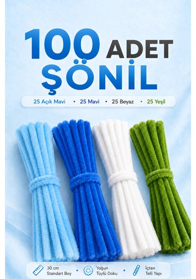 100 Adet Şönil Tel 30 Cm Mavi Beyaz Yeşil Tüylü Hobi Teli El İşi Ve Dıy Çiçek Yapımı